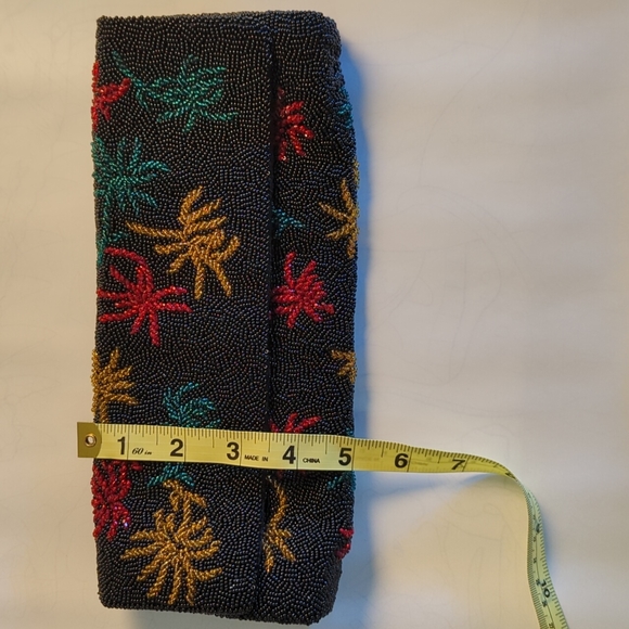 Vintage Black Beaded Evening Baguette Clutch Purse w/ Red, Gold and Green Detail - Picture 8 of 10